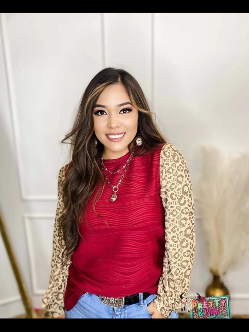 Red Textured Top with Leopard Print Sleeves